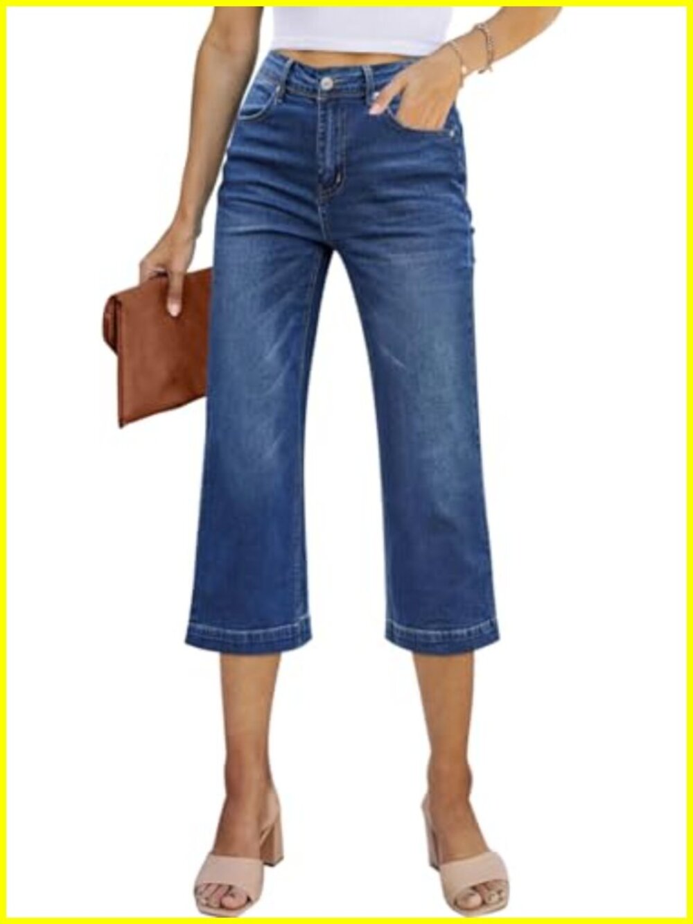 Wide Leg Capri Jeans High Waisted Stretchy Denim Women Loose Flare Crop Pants